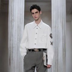 FACEONLAB Mental-Button Embroidered Badge-Patch Shirt White