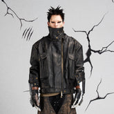 FLYERRER Mutation Knight Armor Distressed High-Collar Faux Leather Jacket
