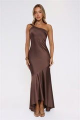 Romantic Affair Satin One Shoulder Maxi Dress Brown
