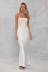 Love In Full Bloom Lace Satin Strapless Maxi Dress White