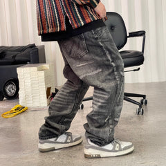ME DA IGUAL Washed Destroyed Patch Straight-Leg Jeans