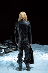 PCCVISION Pleated Knee Flare Faux Leather Pants