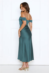 Out Tonight Edit Off Shoulder Mesh Satin Maxi Dress Teal