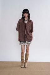 ORAL UTOPIA Crochet Tie-Front Sheer Cuban Half Shirt