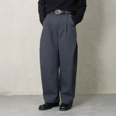 IN EXISTENCE Stripe Pleated Embroidery Curved Pants