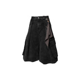 RELABEL Detachable Scarf Washed Multi-Pocket Wide-Leg Shorts Black