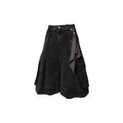 RELABEL Detachable Scarf Washed Multi-Pocket Wide-Leg Shorts Black