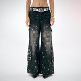 DND4DES×Faychui Snowflake Full-Print Spliced Multi-Pocket Jeans