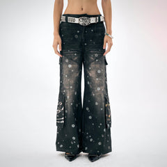 DND4DES×Faychui Snowflake Full-Print Spliced Multi-Pocket Jeans
