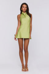 Power Walk Satin Halter Mini Dress Lime Green