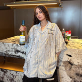 MIICHOUS Metallic Foil Brushed Embroidered Cuban Half Shirt