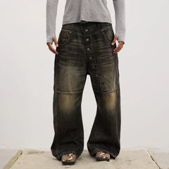 DND4DES Asymmetric Button-Fly Panel Washed Jeans