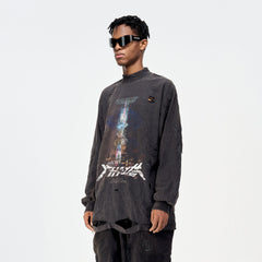 ULIPERY Distressed Glow Crinkled Long Sleeve Tee