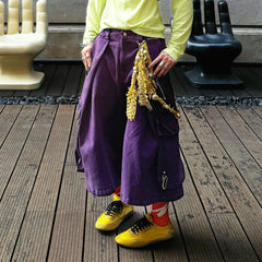 RELABEL Detachable Scarf Washed Multi-Pocket Wide-Leg Shorts Purple