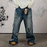 DONSMOKE Ripped Side Stripe Wide-Leg Jeans