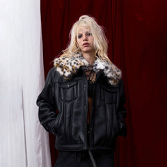 DONSMOKE × NANA Detachable Leopard Collar PU Jacket