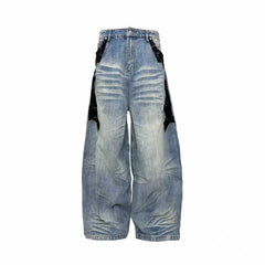 PCCVISION Lace Spliced Washed Wide-Leg Jeans
