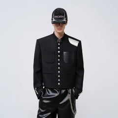 FACEONLAB Stand-Collar Metal-Shoulder Blazer Black
