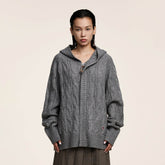 OPICLOTH Cable-Knit Zip-Up Hooded Cardigan