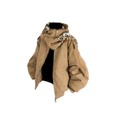RELABEL Detachable Plush Scarf Hooded Suede Jacket Brown