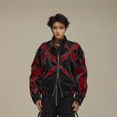 FLYERRER Four-Pointed Star Rivet Faux Feather Biker Jacket Red