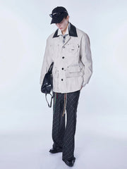 ASSEEN Distressed Panel Leather Collar Barn Jacket