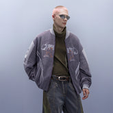 XIPHEVIL Faux Suede Embroidered LOGO Bomber Purple
