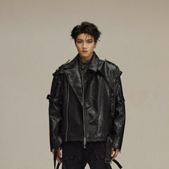 FLYERRER Asymmetrical Hoop-Hole Faux Leather Jacket