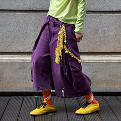 RELABEL Detachable Scarf Washed Multi-Pocket Wide-Leg Shorts Purple