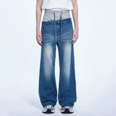 TIWILLTANG Layered Sweatband Washed Denim Pants