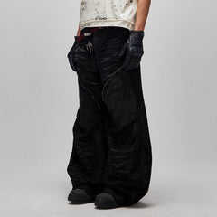 FLYERRER Distressed Waxed Zipper-Paneled Scimitar Pants