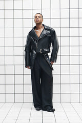 455EMBLE Asymmetrical Back-Zip Cropped PU Biker Jacket