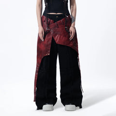 MOGONGSHE Detachable PU Drape Frayed Cross Jeans