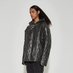 VANN VALRENCE Diamond-Embossed Faux Leather Hooded Puffer