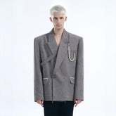 TIWILLTANG Asymmetrical Strap Pearl-Chain Corduroy Blazer