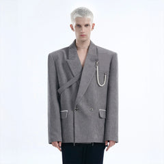 TIWILLTANG Asymmetrical Strap Pearl-Chain Corduroy Blazer