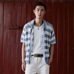 IN EXISTENCE Striped Openwork Jacquard Knitted Polo Cardigan