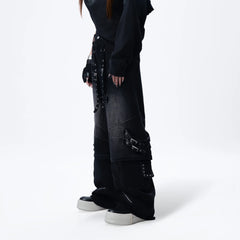 MOGONGSHE Detachable Drape-Strap Washed Jeans