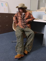 ERROR CODE ROBOT Tie-Dye Embroideried Crinkle Plaid Shirt
