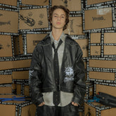 BLACK8MOB Distressed Graphics Faded Studded Leather Jacket