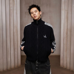 DND4DES Cable-Knit Music Stripes Zip Cardigan