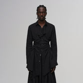 ILNya Nieternite Nifutur Asymmetric Ruched Waist Ruffle-Neck Long Shirt Black