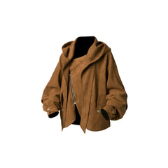 RELABEL Asymmetrical-Zip Detachable-Hood Suede Jacket Brown