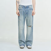 LEONSENSE Washed Ripped Frayed Straight-Leg Jeans