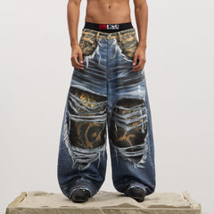 DND4DES Full-Printed Leopard Distressed Baggy Jeans