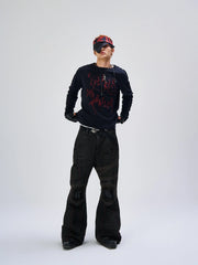 FLYERRER Cross-Panel Contrast Frayed Embroidered Long-Sleeve Tee