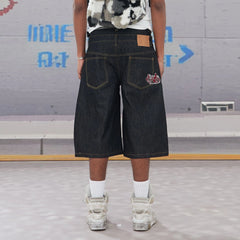DND4DES Batwing Spliced Double-Waistband Raw Denim Shorts