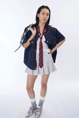 ASSEEN Flower Patchwork Stitched Raw Denim Half Shirt