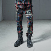 VENTUREK Distressed Zippered-Hem Slogan Slim Plaid Pants