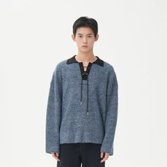 ORAL UTOPIA Lace-Up Polo Collar Knit Pullover